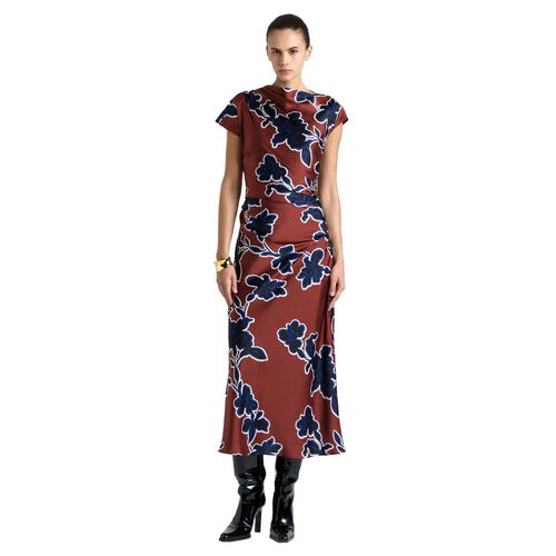 Cue Rosewood Illustrated Floral Satin Midi Dress